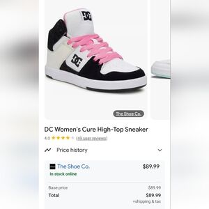 DC Youth High-Top Sneakers -Black, White, & Pink Size 6 Equivalient To Womens 8